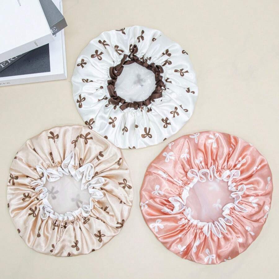 1pc Waterproof Double-Layer Bow Shower Cap, Elastic Bathing Cap, Adult Kitchen Oil-Proof Cap, Bathroom Hair Drying, Adjustable Elastic, Suitable For Face Washing, Hair Drying, Makeup, Cooking, Shampooing, 1pc Home Bathroom Decor, Autumn Decor, Back To School