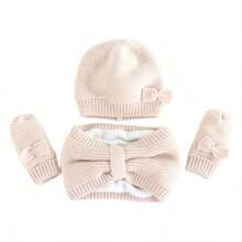 Baby Bow Beanie Fall Winter Toddler Knit Hat Scarf Glove Set Pompom Beanie Hat Fleece Neck Warmer