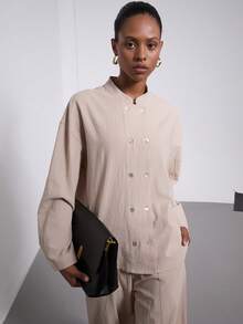 Women's Autumn Fashion Casual Versatile Commute/Business Casual/Minimalist Elegant Vintage Linen Blend Double-Breasted Shacket + Fashionable Casual Loose Wide-Leg Pants 2-Piece Set - Apricot - View 3