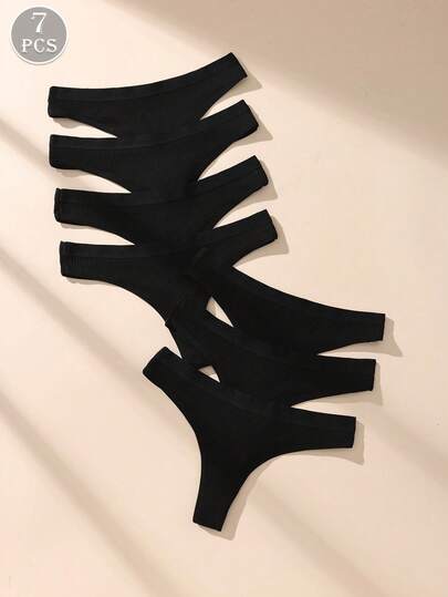 7pcs Black Ribbed Sexy Minimalist Thong Panties, Seamless Stretchy Solid Color Women's Underwear