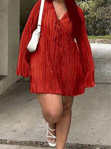 Plus Size Belted Dress, Slimming Fit, Bell Sleeve, Solid Color, Suitable For Summer Street Wear - 紅色 - 查看 4