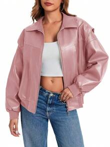 Womens Oversized Leather Bomber Jacket Zip Up Moto Coat With Pockets