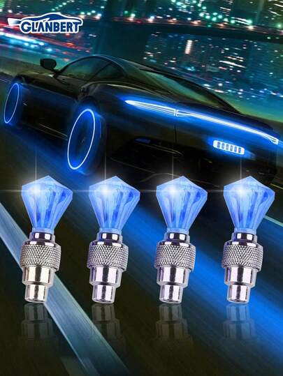 GLANBERT 4 piezas Luz decorativa de cabeza de gema para válvula de neumático de coche, luz de ambiente para válvula de neumático de motocicleta y bicicleta