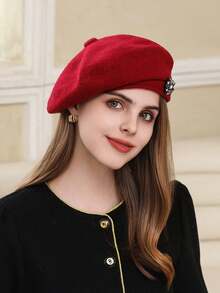 1pc Vintage Inspired Casual Wool Beret Hat With Rhinestones, Flattering Painter Cap, Versatile For Autumn/Winter, Suitable For Valentine's Day