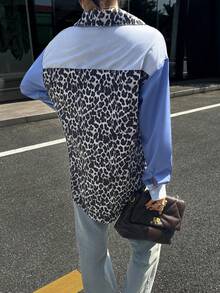 Women's Fashionable Elegant Versatile Colorblock Leopard & Striped Woven Fabric Long Sleeve Casual Shirt - Multicolor - View 5