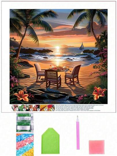 Kit de peinture de diamant 5D - Thème du paysage marin, plage de coucher de soleil, diamant rond, cadeau de décoration pour la maison