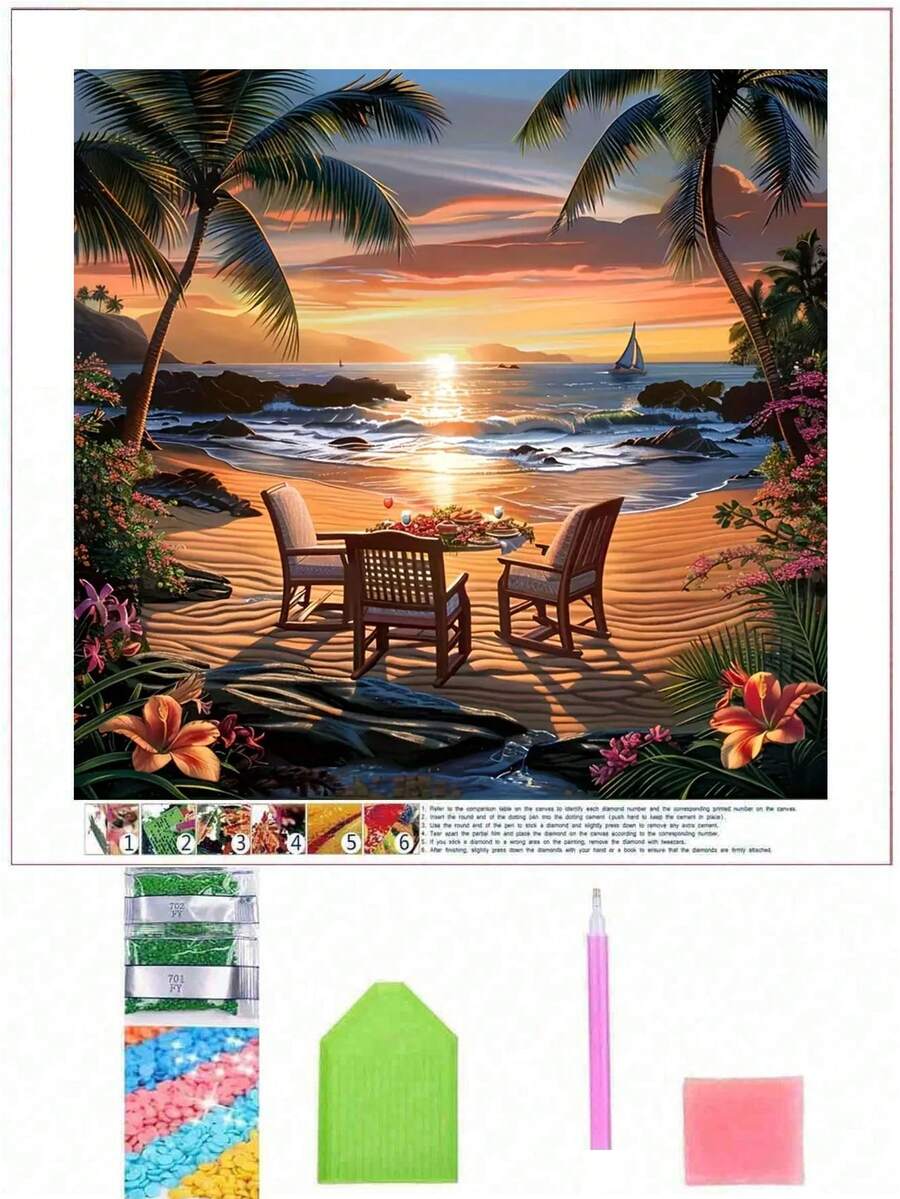Kit de peinture de diamant 5D - Thème du paysage marin, plage de coucher de soleil, diamant rond, cadeau de décoration pour la maison