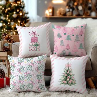 4pcs Pink Christmas Tree & Gift Box Pattern Throw Pillow Covers, Soft Peach Velvet Fabric, Single-Sided Printing 40*40/45*45/50*50CM, Suitable For Living Room, Bedroom, Sofa, Christmas Holiday Decor, Cushion Cover Gift