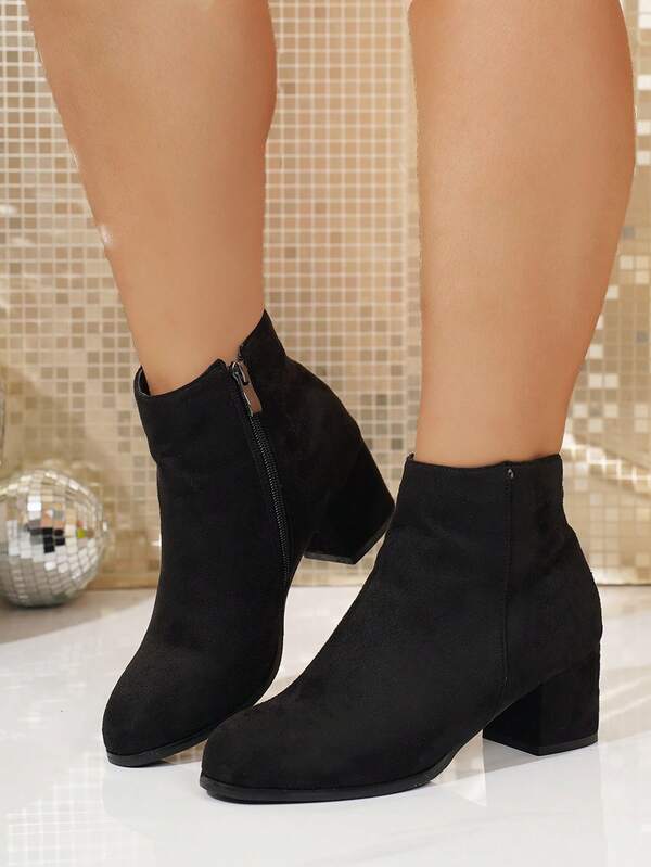 1 Pair Solid Color Casual Preppy Side Zipper Wide Fit Comfortable Ankle Boots And Short Boots, Chunky Heel High Heel Short Boots For Women, Autumn/Winter