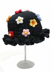 1 件纯色手工编织钩针帽,波西米亚风格褶皱软边帽,带褶边,休闲可爱复古街头时尚涤纶针织渔夫帽 - 彩色 - 查看 32