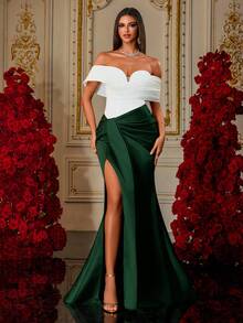A Black And White Color-Block Off-Shoulder Ruched Satin High-Slit Mermaid Train Luxury Evening Gown - Dark Green - View 3