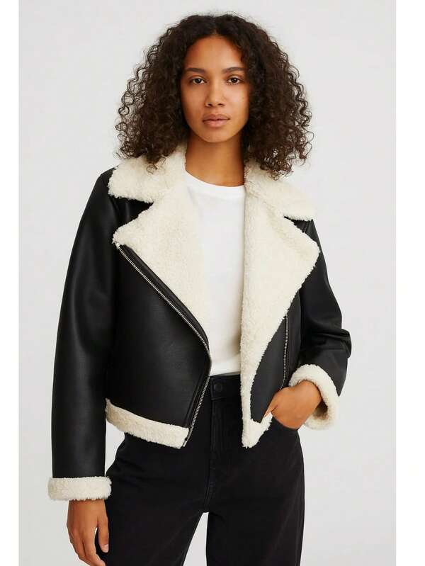 Chamarra vinipiel, con forro de peluche, cremallera, manga regular, chaqueta de otoño invierno, abrigo de mujer para mantener el calor.