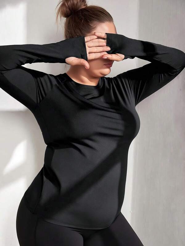Plus Size Women's Soft Thumb Hole Round Neck Black Long Sleeve T-Shirt, Casual Outdoor Cycling Running Tight Pullover, Autumn/Winter