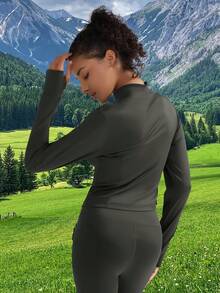 Women's Solid Color Outdoor Jacket With Fake Pockets, Full Zip, Thumb Hole, Fitness Jacket - Grey - View 5