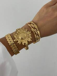 Brățară elegantă retro pentru femei, la modă, în formă de geometrică, din oțel inoxidabil cu frunze metalice și motive florale