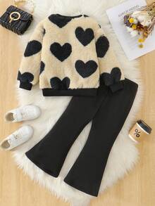 两件套幼儿女孩蓬松运动衫套装，包含心形图案圆领长袖休闲上衣和百搭羊毛黑色喇叭裤，秋冬 - 杏色 - 查看 7