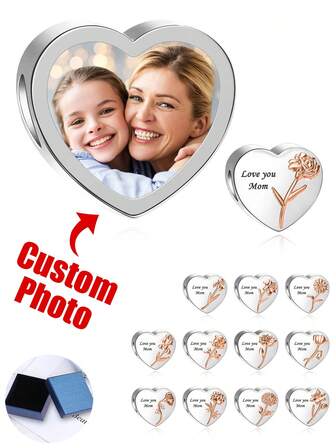 1pc Personalized Photo Bracelet Pendant, Gift For Women, Mother, Photo Necklace Pendant, Photo Anklet Pendant, Heart/Round/Square Beads, Gift For Daughter, Girlfriend, Wife, Best Friend