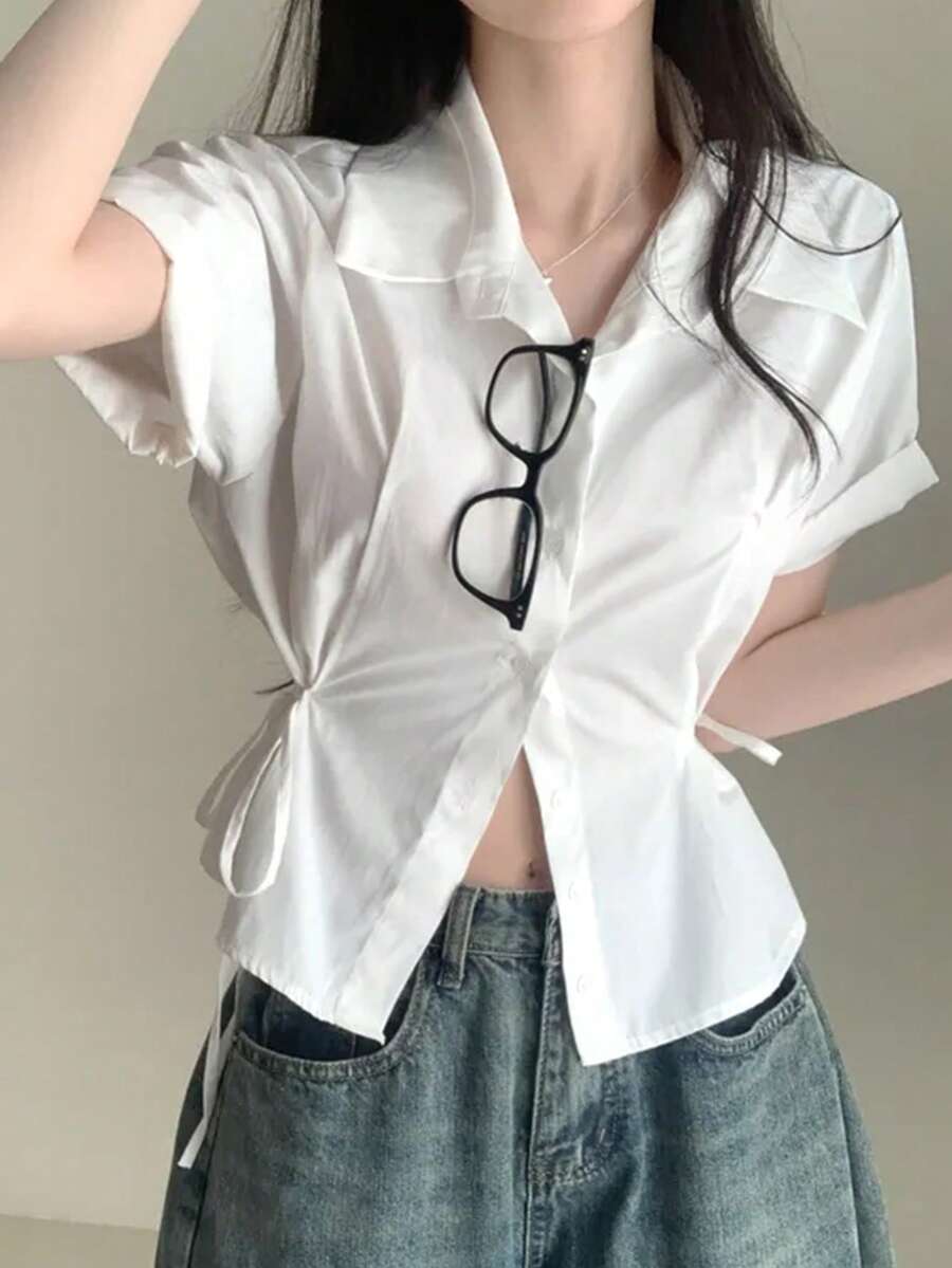 2025 Spring/Summer New Tie Design Button Women Short Sleeve Blouse - White - View 1