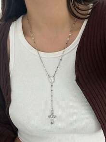 1pc Fashionable Elegant Virgin Mary Embossed Y-Shape Long Necklace, Vintage Religious Cross Pendant Sweater Chain For Women, Suitable For Daily Wear And Gatherings - Bạc - Xem 6