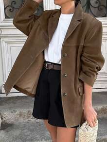 Damen elegante vintage Locker Jacke, einfarbiger Webstoff, Knopfverschluss mit Taschen, geeignet für Pendeln, Flughafen, Büroalltag, Schule, Herbst/Winter