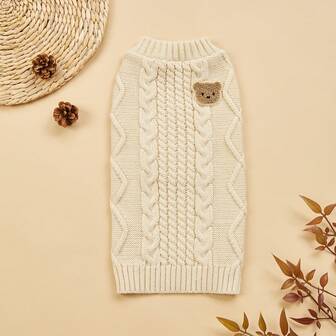 1pc Stretchy & Comfortable Cable Knit Solid Color Cute Bear Decor Pet Sweater, Suitable For Medium/Small Cats & Dogs In Autumn/Winter