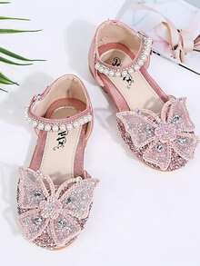 1 par de zapatos de princesa de moda para niñas, nuevo diseño de verano con lazo hebilla, punta cerrada y adorno de cristal, aptos para juegos al aire libre, fiestas y eventos - Rosa - Ver 9