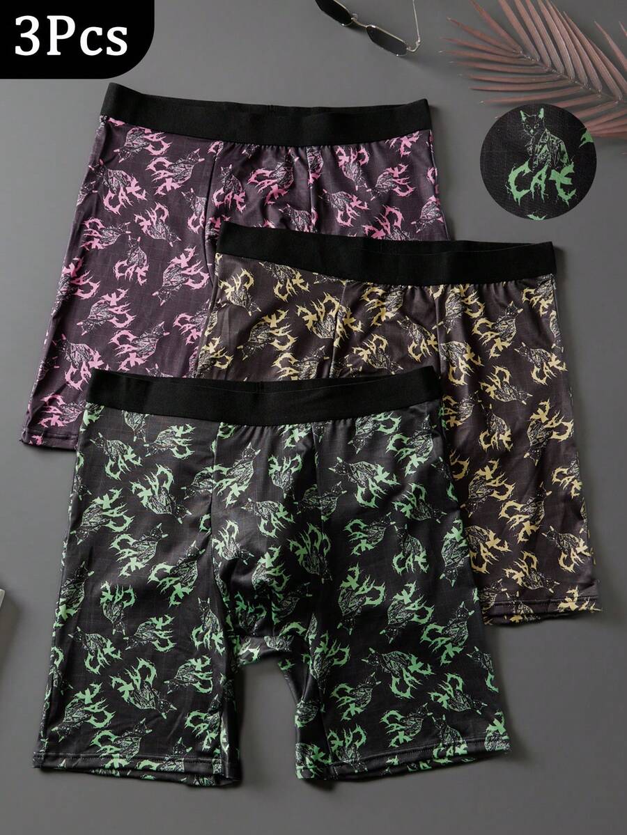 HIALEGION 3Pcs Men's Cat-Printed Digital-Printed Casual Style Simple Comfortable Men's Long Leg Boxer Briefs