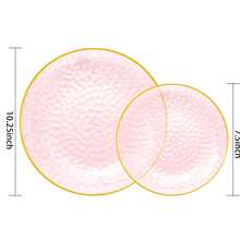 25 Stücke/Set 19cm/26cm rosa Teller, transparente rosa Teller mit goldenem Rand, beinhaltet gehämmerte goldene Teller