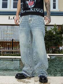Calça Denim Casual Larga e Solta com Decoração de Rebite, Estilo Streetwear Americano, Todas as Estações