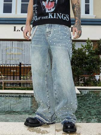 Jeans anchos y sueltos con decoración de remaches, estilo de ropa urbana estadounidense, para todas las temporadas