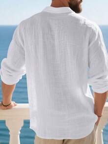 Men's White Linen Polo Collar Long Sleeve Shirt, Half-Button Design, Suitable For Beach Vacation, Back To School, 4th Of July Gathering & Tropical Travel, Autumn/Winter Layering