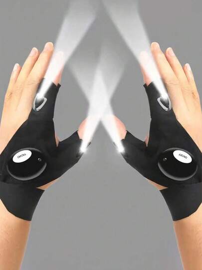 1 Pair Fingerless Flashlight Gloves, Night Vision Gloves, Hands-Free Repair Lighting Gloves, Unisex Half Finger Gloves, Waterproof Outdoor Night Fishing, Cycling, Running Flashlight Gloves, Camping Lighting Equipment
