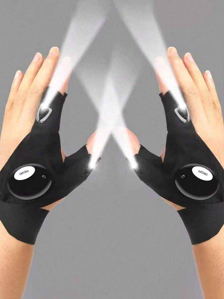 1 Pair Fingerless Flashlight Gloves, Night Vision Gloves, Hands-Free Repair Lighting Gloves, Unisex Half Finger Gloves, Waterproof Outdoor Night Fishing, Cycling, Running Flashlight Gloves, Camping Lighting Equipment - Black - View 1