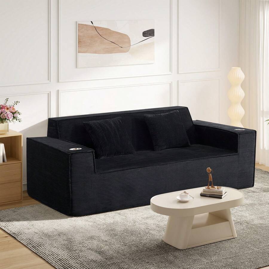 ATOMHOME 75" Cloud Boneless Loveseat Sofa, Corduroy Compressed Sofa With Cup Holders, No Assembly Comfy Deep Seat Couches With Pillows For Bedroom Furniture Living Room Apartment Small Space - 黑色-1 - 查看 1
