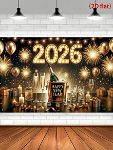 1pc New Year Theme Backdrop Banner, Black Gold Colorful Firework Balloon Shape Polyester Hanging Flag, Suitable For 2026 New Year Party Celebration Background Decor, Home Room Decoration, Happy New Year Party Wall Backdrop, New Year Gift, Garden Yard Decor Flag, Hanging Decor, Party Photo Prop, 2026 New Year Decoration, Party Favor - Golden Happy New Year - View 3