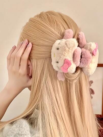 Sanrio 1 件三丽鸥 Hello Kitty 优雅蝴蝶造型秋冬毛绒发夹，粉色和棕色毛绒 KT 猫卡通设计，最佳礼物，适合送给女朋友