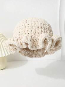 1pc Women's Handmade Knitted Solid Color Pleated Ruffle Brim Bucket Hat, Exaggerated Design, Fashionable Winter Beanie - Mũ đan - Xem 6