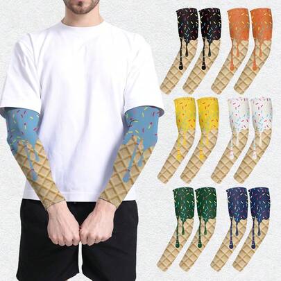 Sommar UV-skyddande armvärmar för utomhusbruk, andningsbara sportisärmar, söt glass- och kakdesign, lämplig för män och kvinnor, cykelarmvärmare