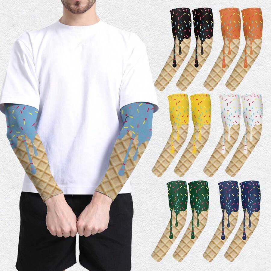 夏季户外防紫外线臂套，透气运动冰袖，可爱冰淇淋和蛋糕设计，男女适用，骑行臂套 - 彩色 - 查看 1