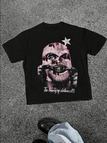 Plus Size Women T-Shirts "The Beauty Of Darkness" Graphic Printed Black T-Shirt, 100% Cotton 220g Casual Printed T-Shirt,Crew Neck Short Sleeve,For Going Out,Gift,Summer,Unisex - 黑色 - 查看 1