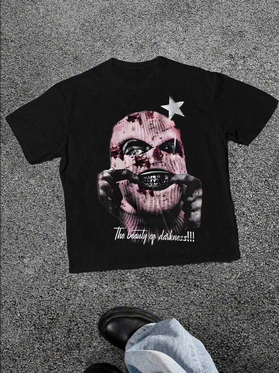 Plus Size Women T-Shirts "The Beauty Of Darkness" Graphic Printed Black T-Shirt, 100% Cotton 220g Casual Printed T-Shirt,Crew Neck Short Sleeve,For Going Out,Gift,Summer,Unisex - 黑色 - 查看 1