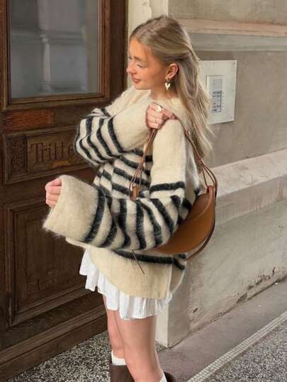 Women's Autumn And Winter Chill Casual Oversize Classic Soft Mohair Striped Sweater, Suitable For Commuting Style, Street Wear, Daily Outings And Other Occasions