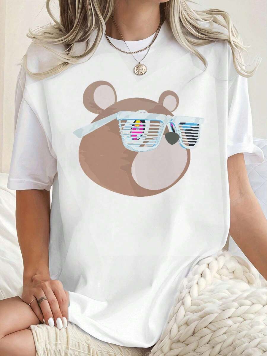 Camiseta con estampado de oso genial ,Camiseta informal de algodón de verano para mujer, manga corta, cuello redondo, 220 g/m2 (1 pieza) - Blanco - Ver 1