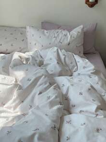 3pcs 100% Cotton Ins Floral Striped Bedding Set, 2 Pillowcases + 1 Duvet Cover - Multicolor - View 6