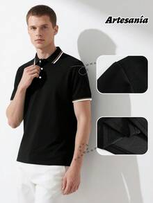 Camisa polo de manga corta a rayas de verano, casual y para commuter, para golf, para hombres, Camiseta polo diaria sencilla de unicolor para hombre,ideal para desplazamientos - Negro - Ver 9