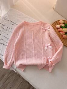 Girls & Teens' Cute Pink Bow Round Neck Twist Rope Cable Knit Pullover Sweater, Suitable For Daily, Vacation, Spring, Autumn, Winter - Pink - View 2