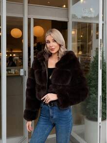 Elegant Women Brown Fashion Warm Faux Fur Hooded Regular Length Long Sleeve Regular Sleeve Coat For Winter Christmas And New Year - Coffee Brown - View 2