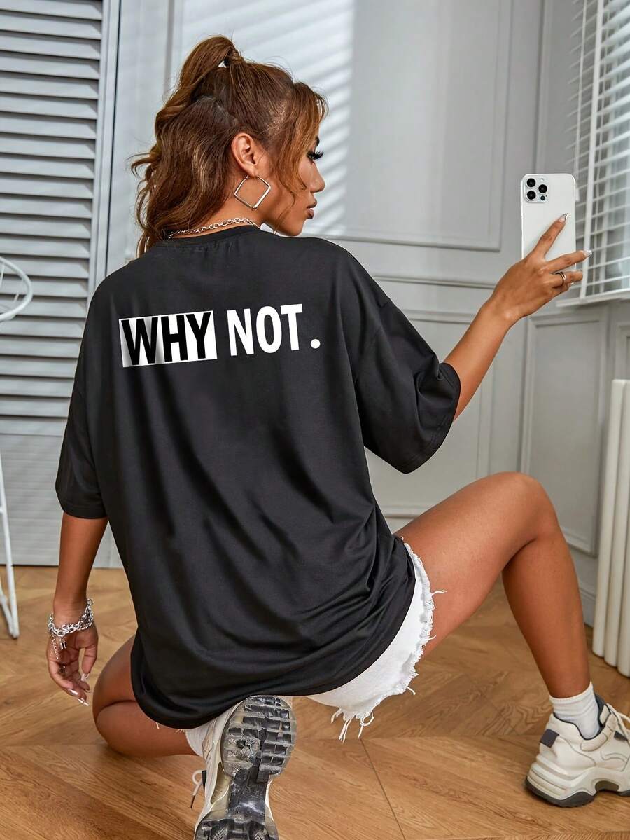 Camiseta de mujer estampada de doble cara con un sencillo patrón de letras en inglés "WHY NOT", camiseta suelta de cuello redondo y manga corta, cómoda y agradable para la piel, 100% algodón, adecuada para el hogar, viajes, viajes de negocios, escuela, desplazamientos, fiestas y otras ocasiones, adecuada para todas las estaciones. - Negro - Ver 1