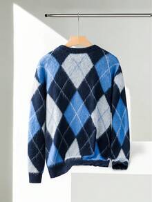 LOOKUN 新款秋冬男士休闲宽松简约菱形图案百搭圆领套头针织衫 - 藍色 - 查看 4