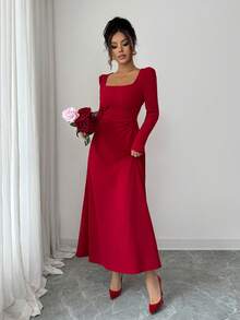 Damen rotes langärmliges Maxikleid mit geraffter Taille, plissiert, quadratischem Ausschnitt, trägerlos, lässig, elegant, für den Alltag, Valentinstag, Party, Feiertage, Neujahr, Frühlingsfest - Rot - Übersicht 3